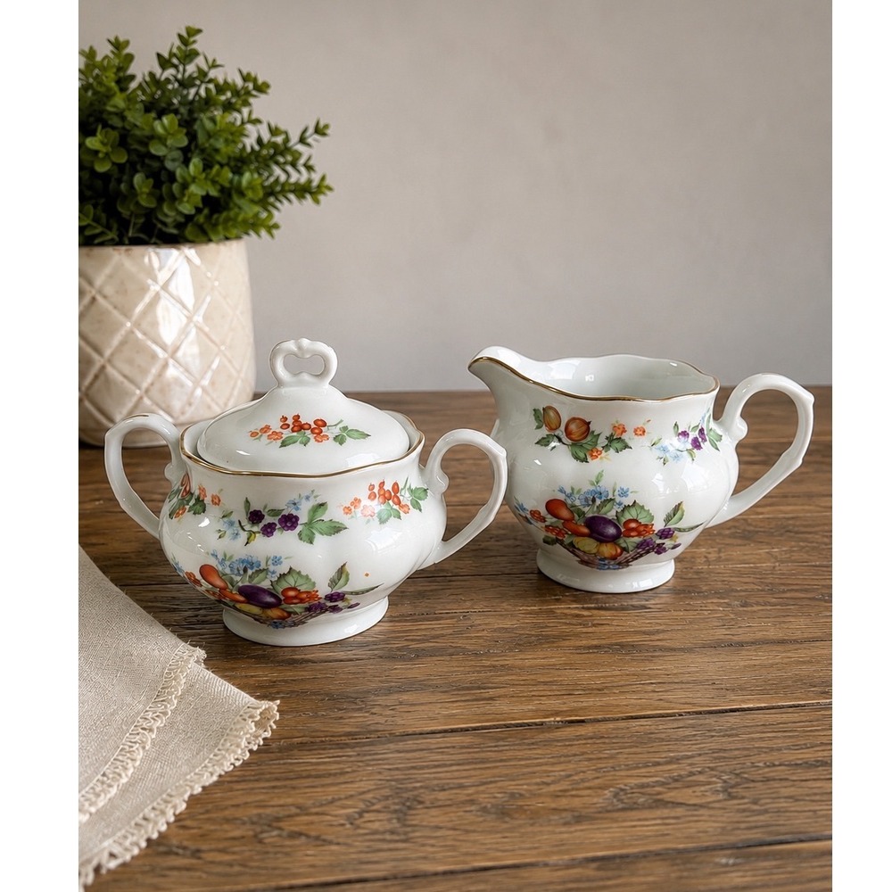 Karolina Poland Porcelain Sugar Bowl and Creamer Set Fruit Floral Gold Trim